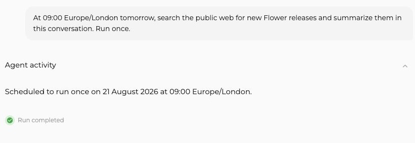 Flower Agent confirming the execution time for a one-off automation.