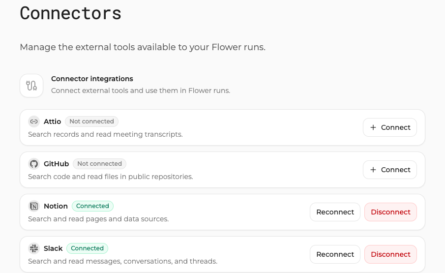 Flower Connectors settings showing Attio, GitHub, Notion, and Slack with connection controls.