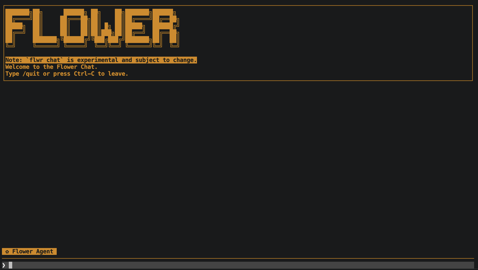 Flower Chat terminal interface with Flower Agent selected and an empty prompt.