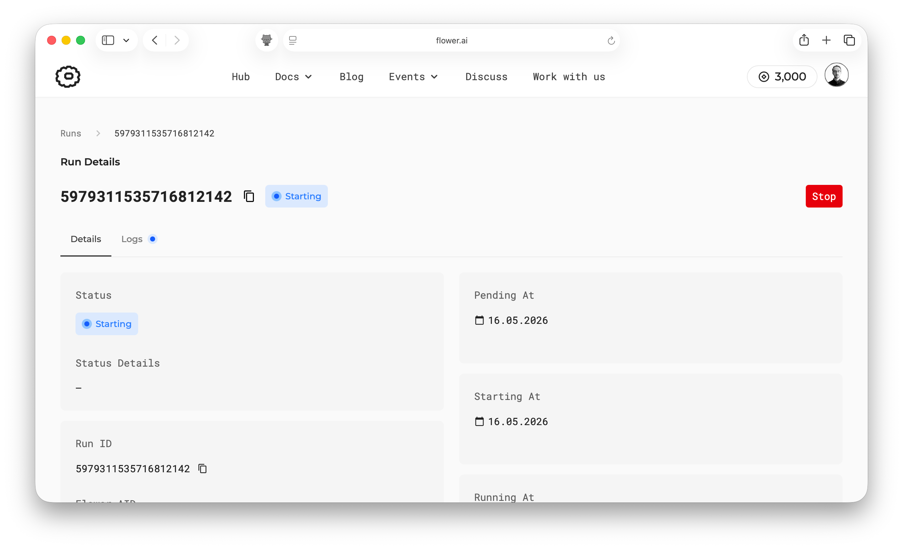 Run details page showing the progress of the app execution