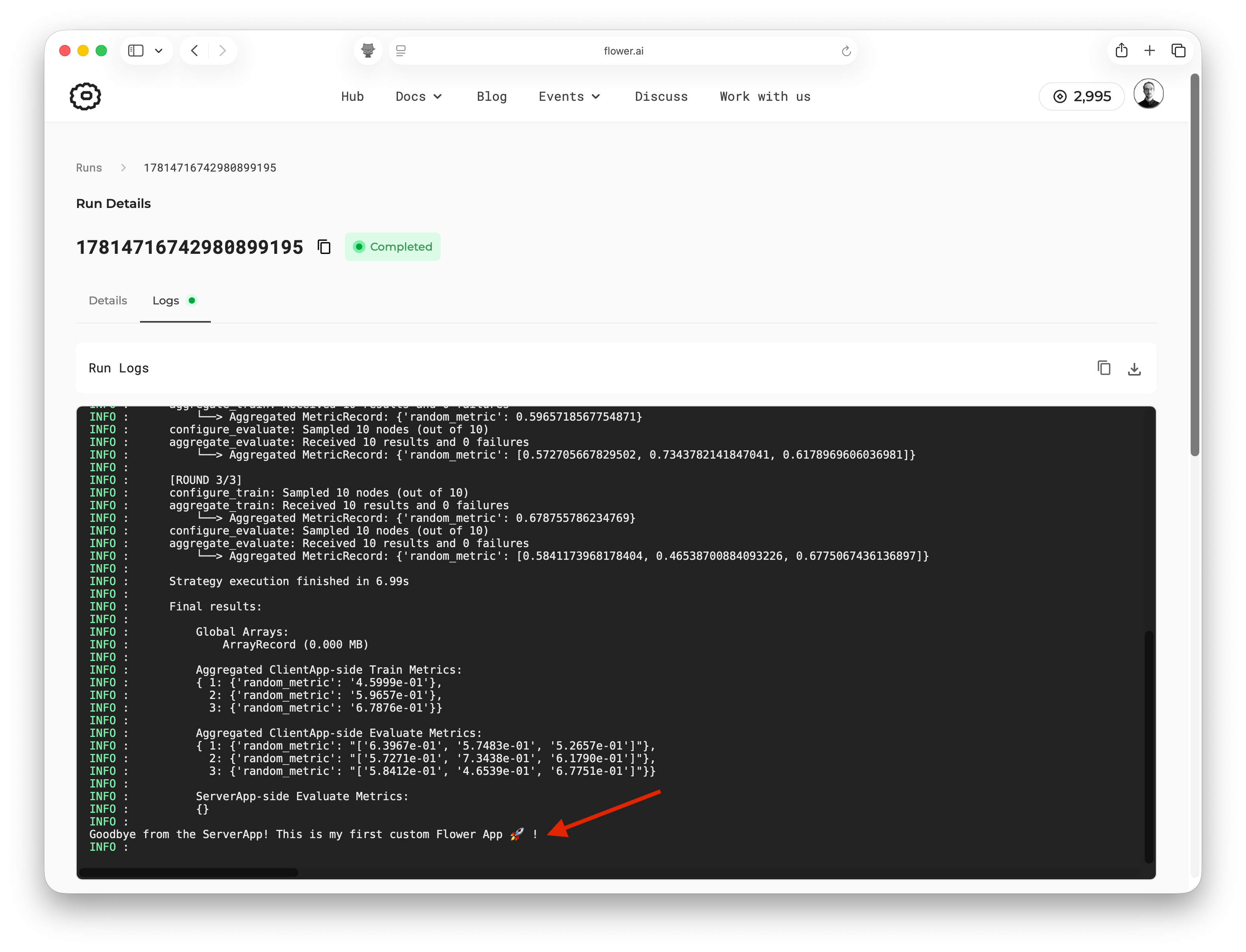 Journaux d'exécution SuperGrid montrant les déclarations de print ServerApp personnalisées