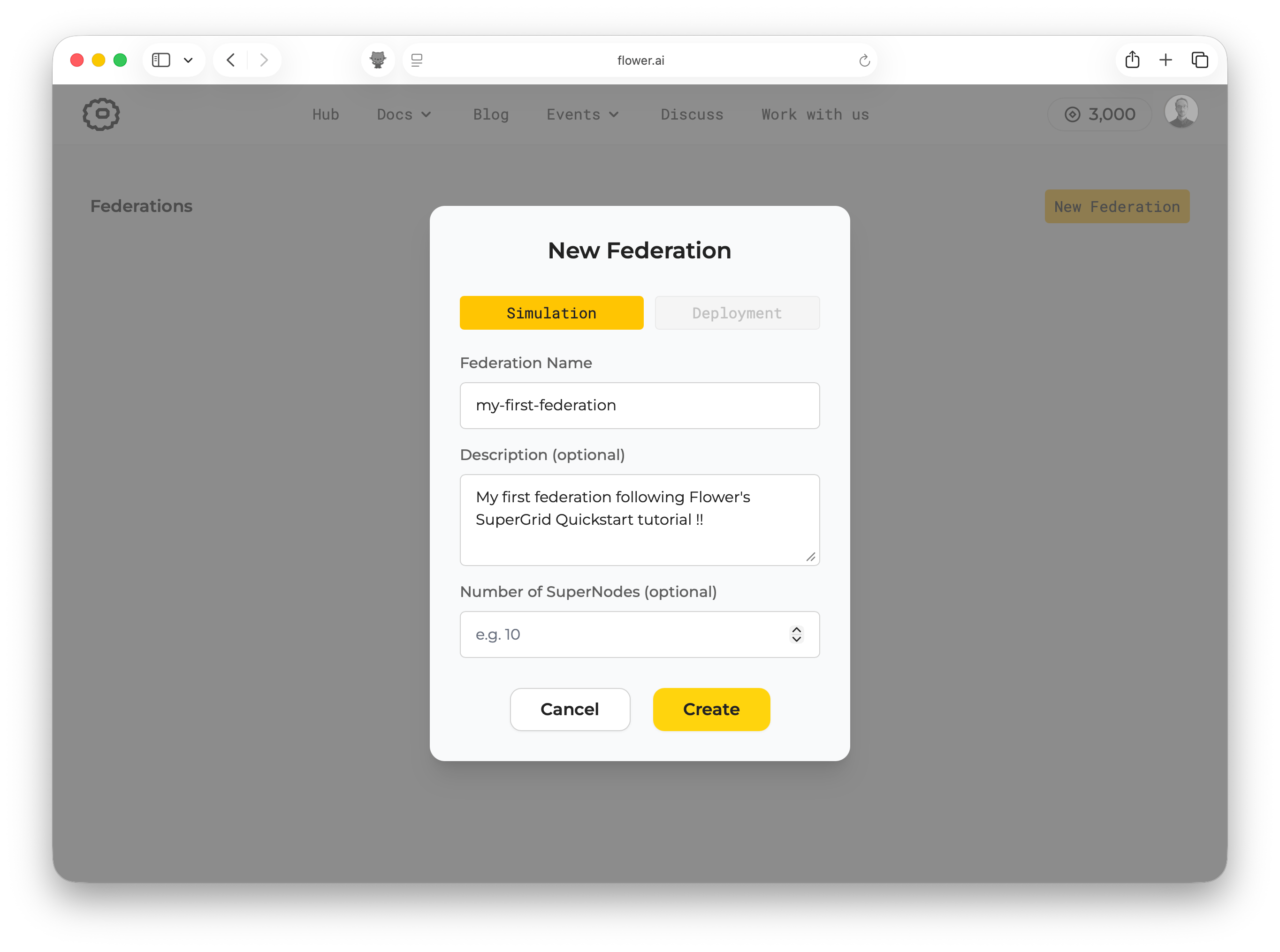 Create federation dialog in SuperGrid