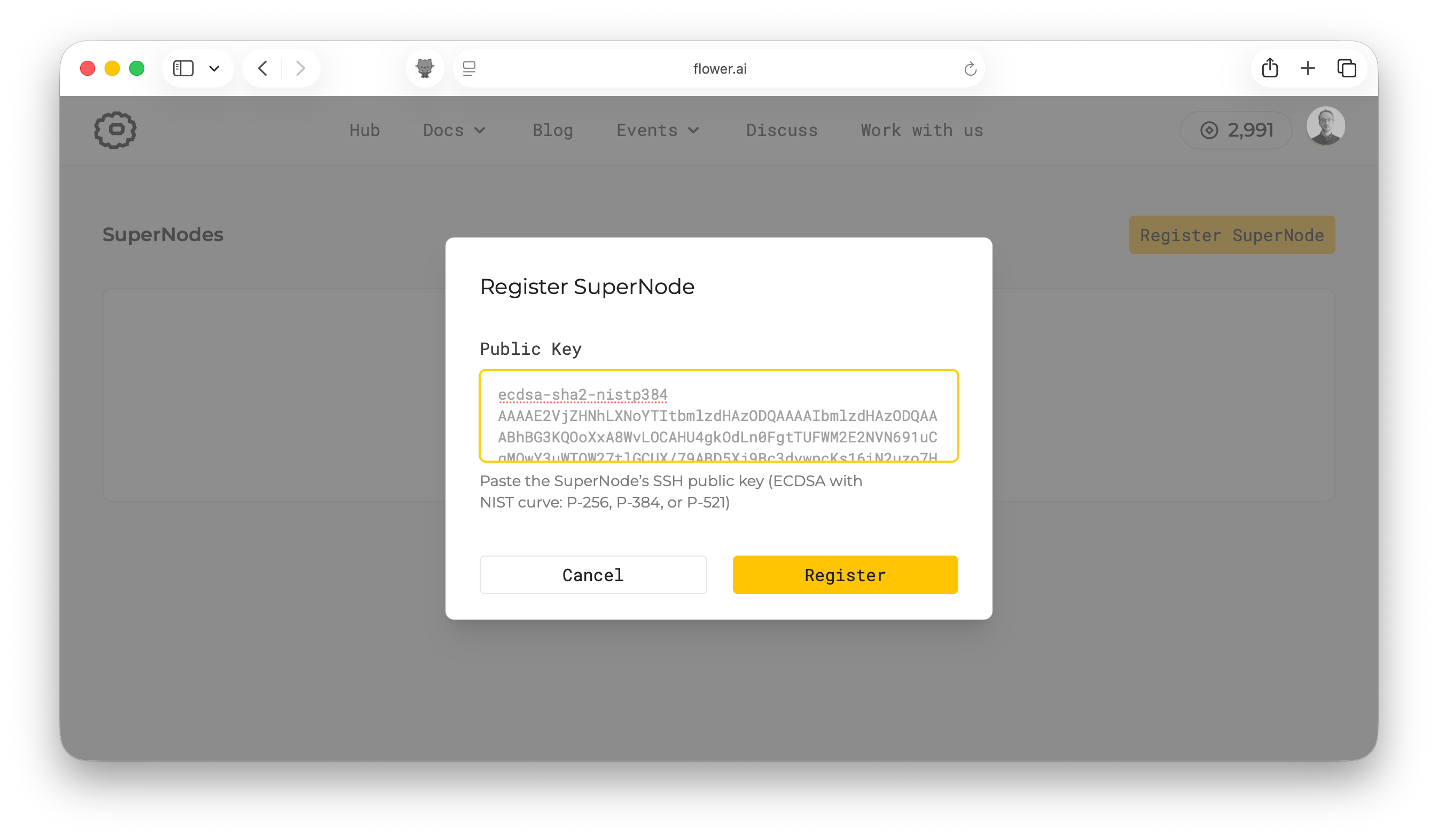 Register SuperNode dialog with a public key
