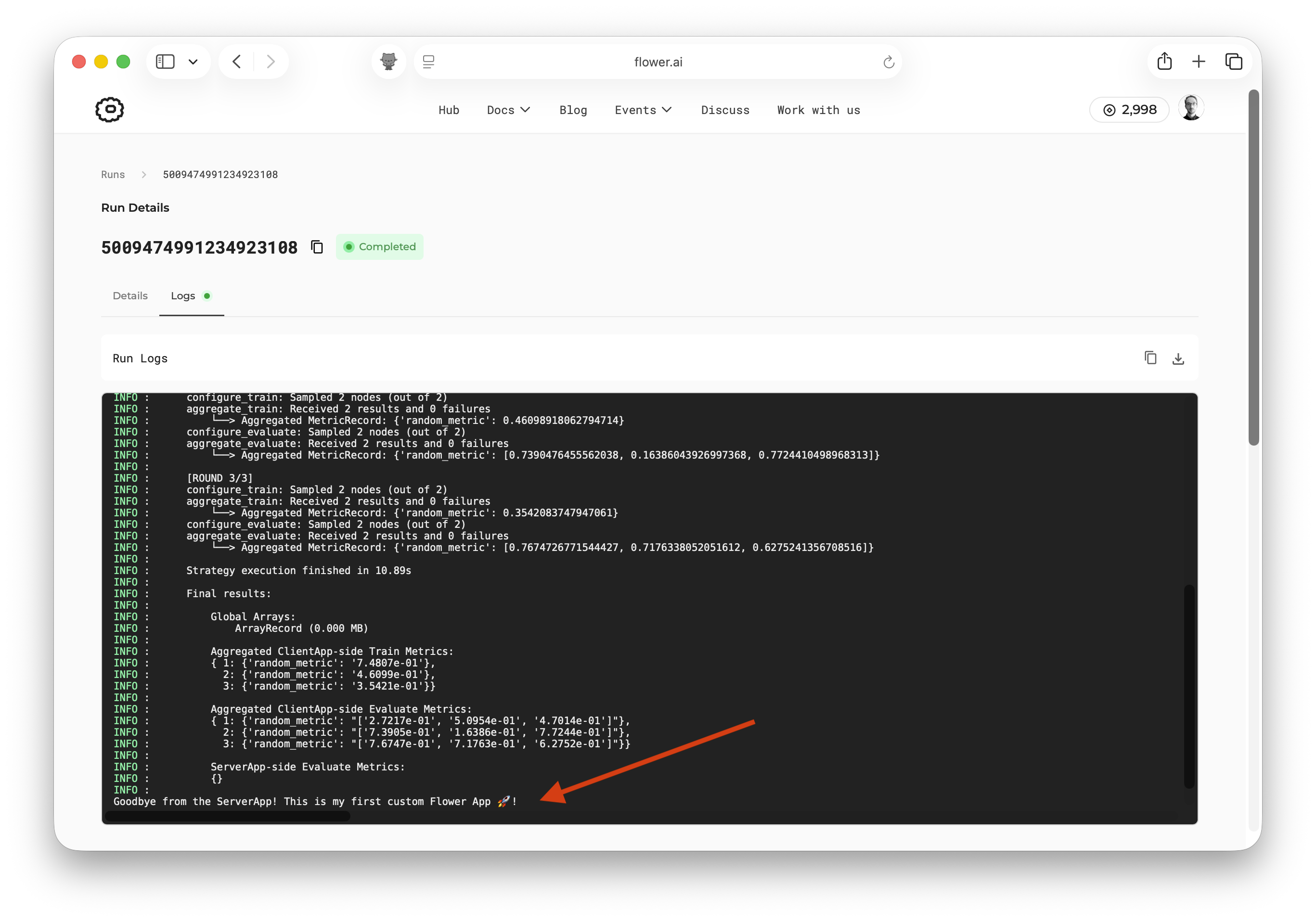 SuperGrid run logs showing the custom ServerApp print statements