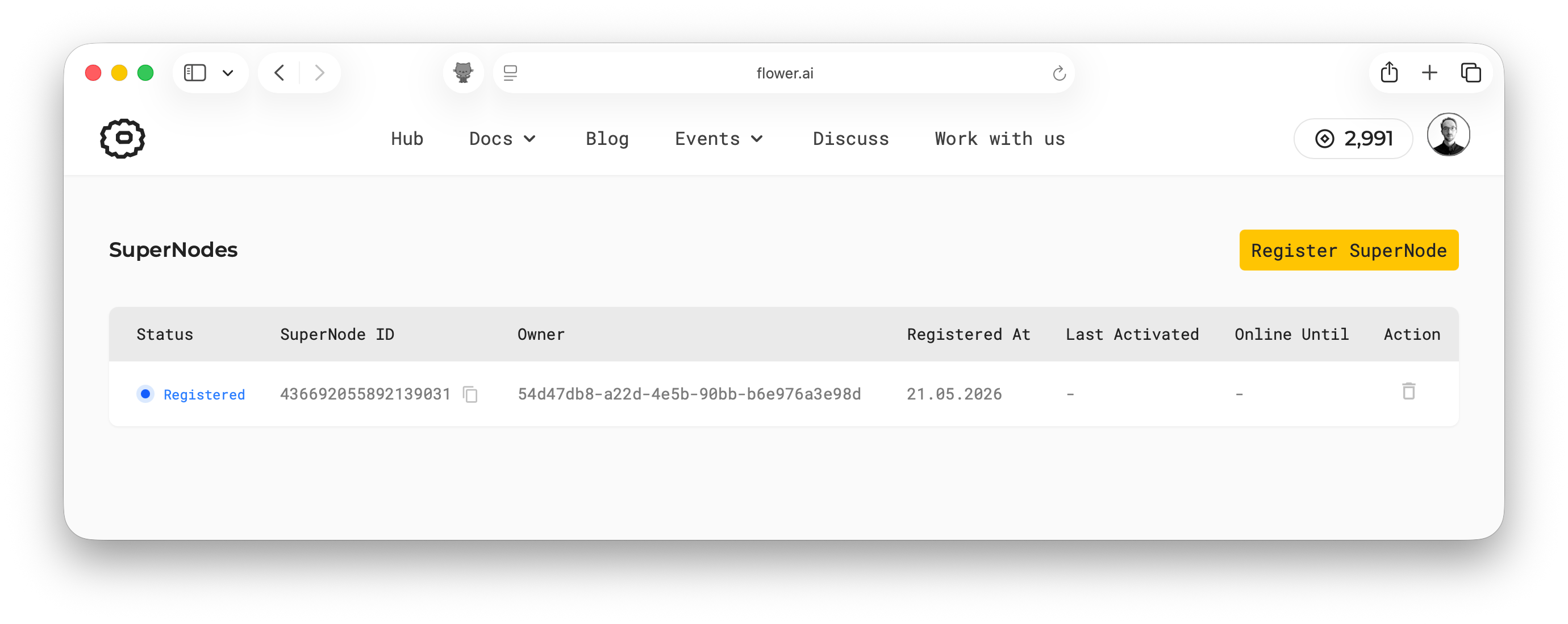 SuperNodes page showing a registered SuperNode