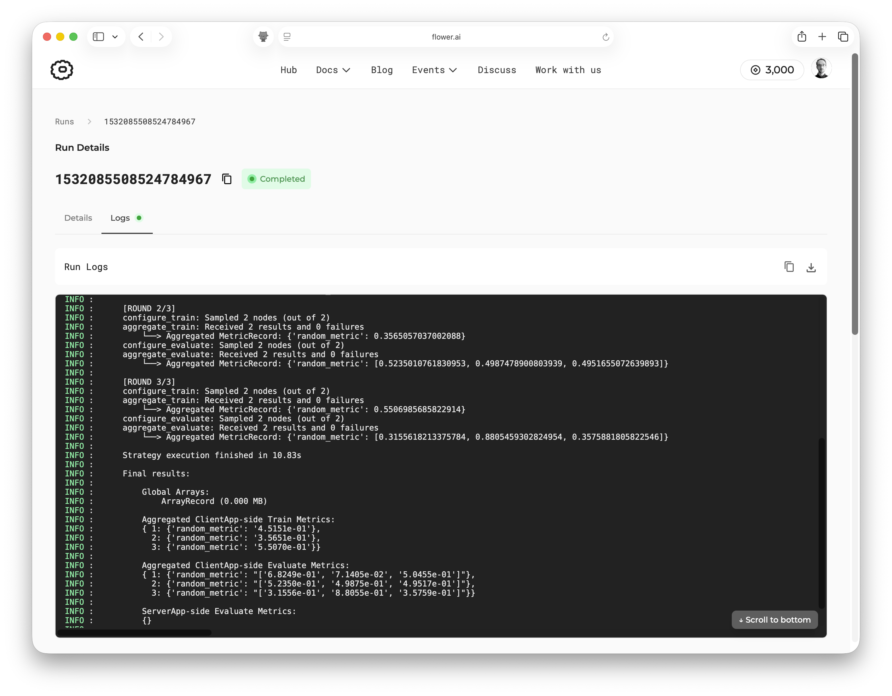 Onglet des journaux montrant les journaux de l'exécution de l'application