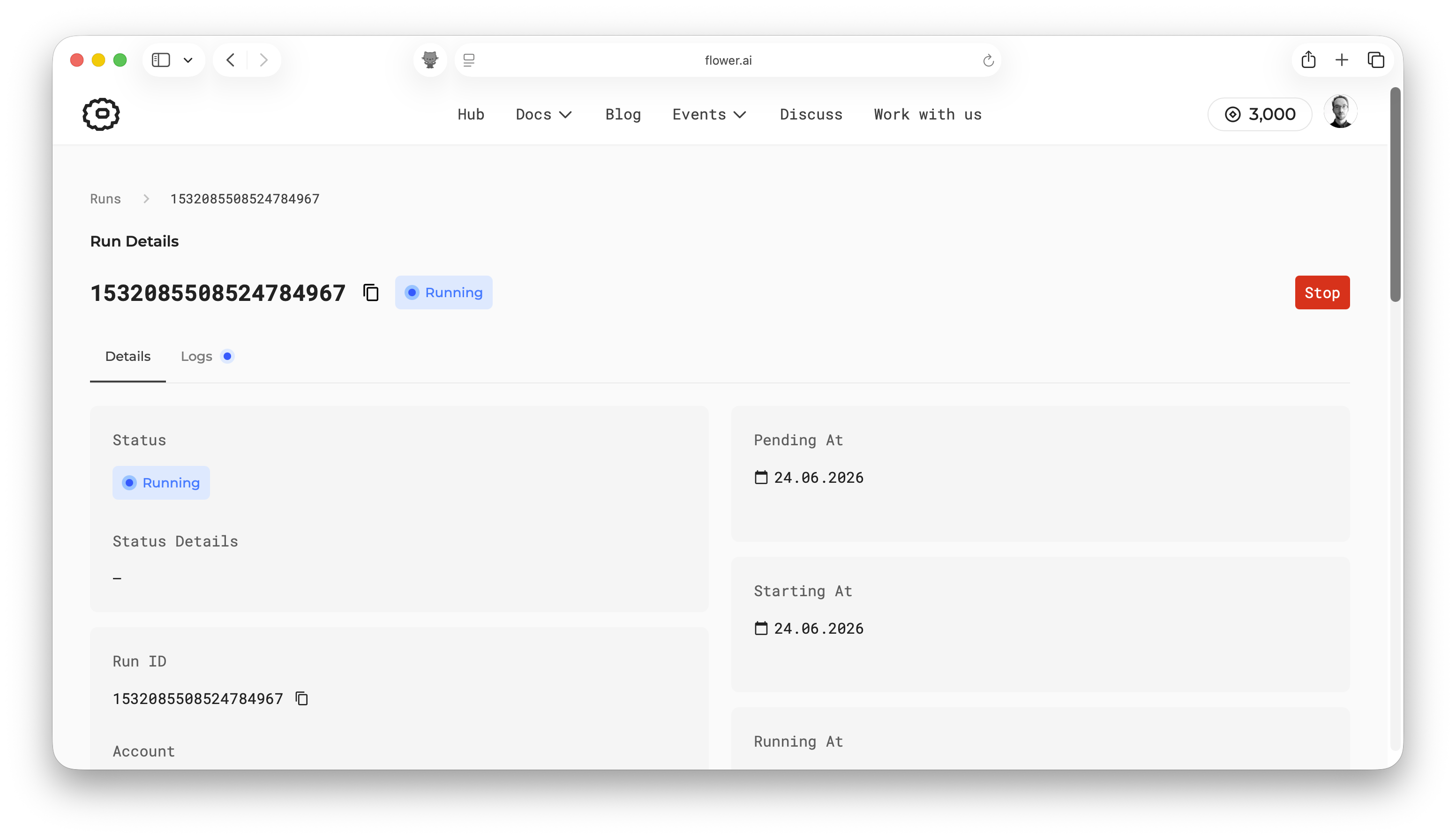 Page des détails d'exécution montrant le progrès de l'application