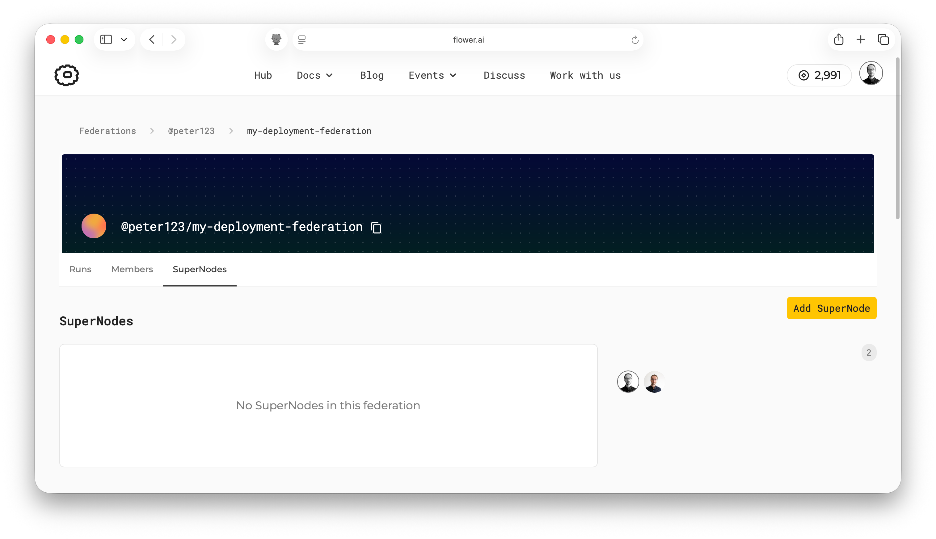 Deployment federation SuperNodes tab before adding a SuperNode