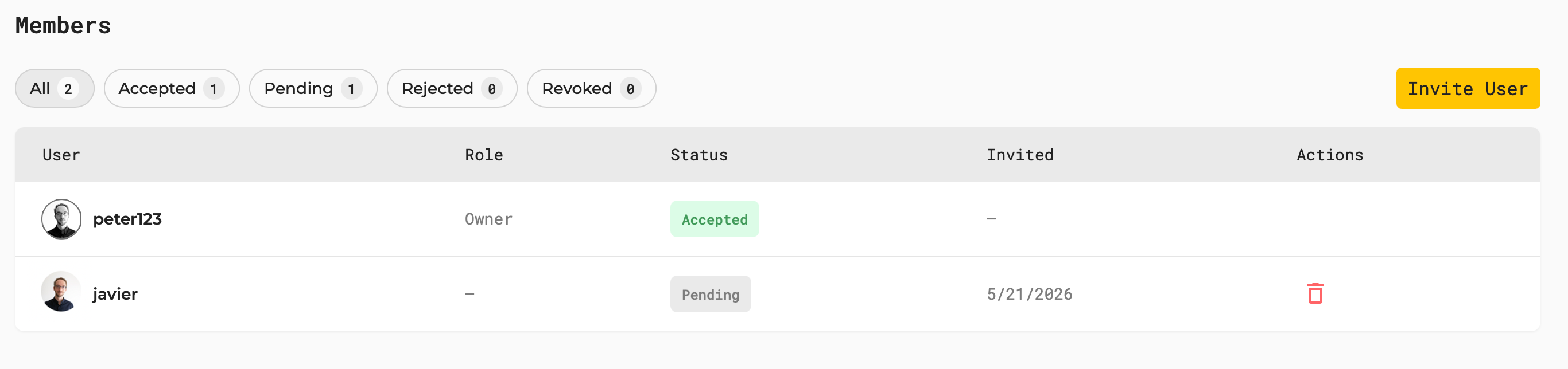 Pending invitation in the federation members list