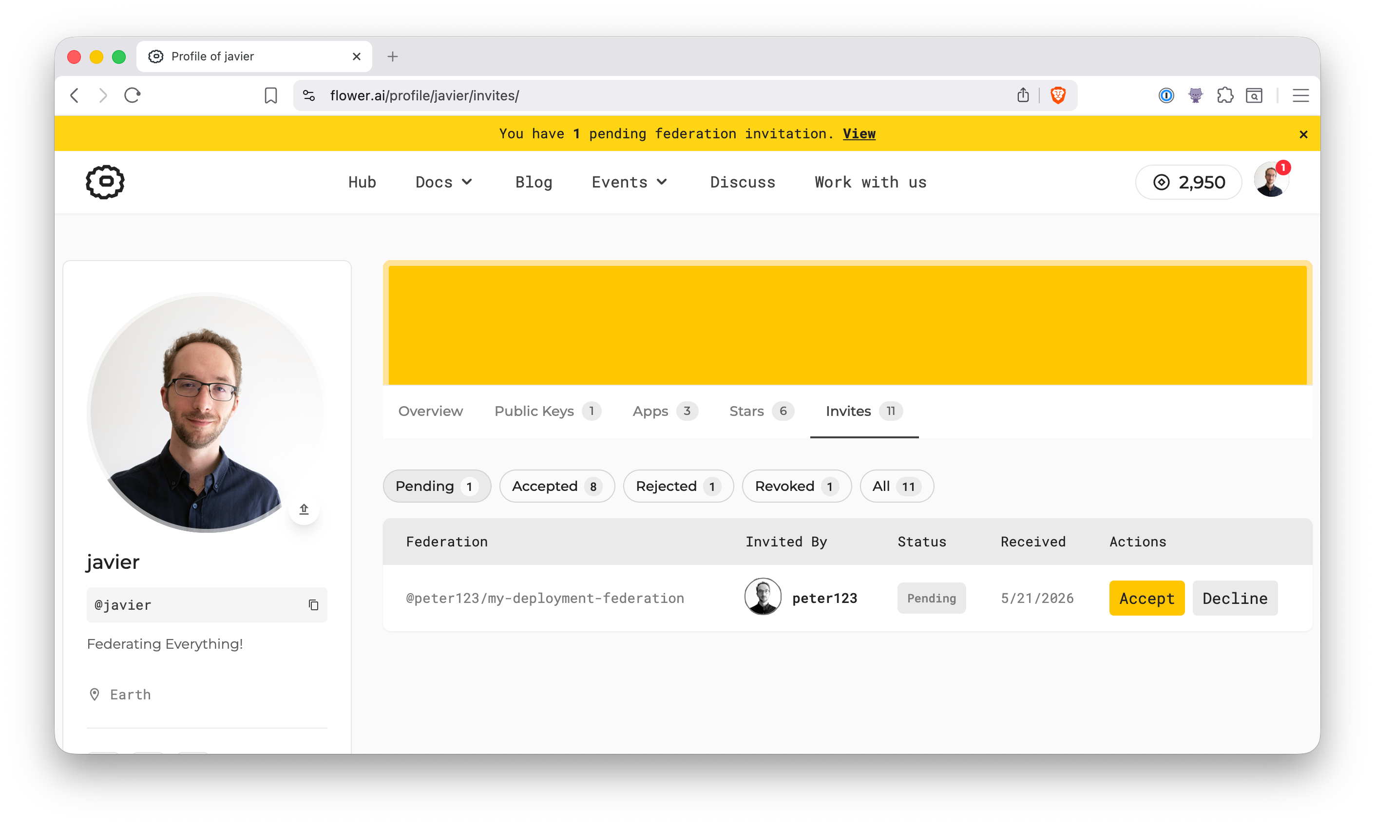 Pending federation invitation on the invited user's profile page