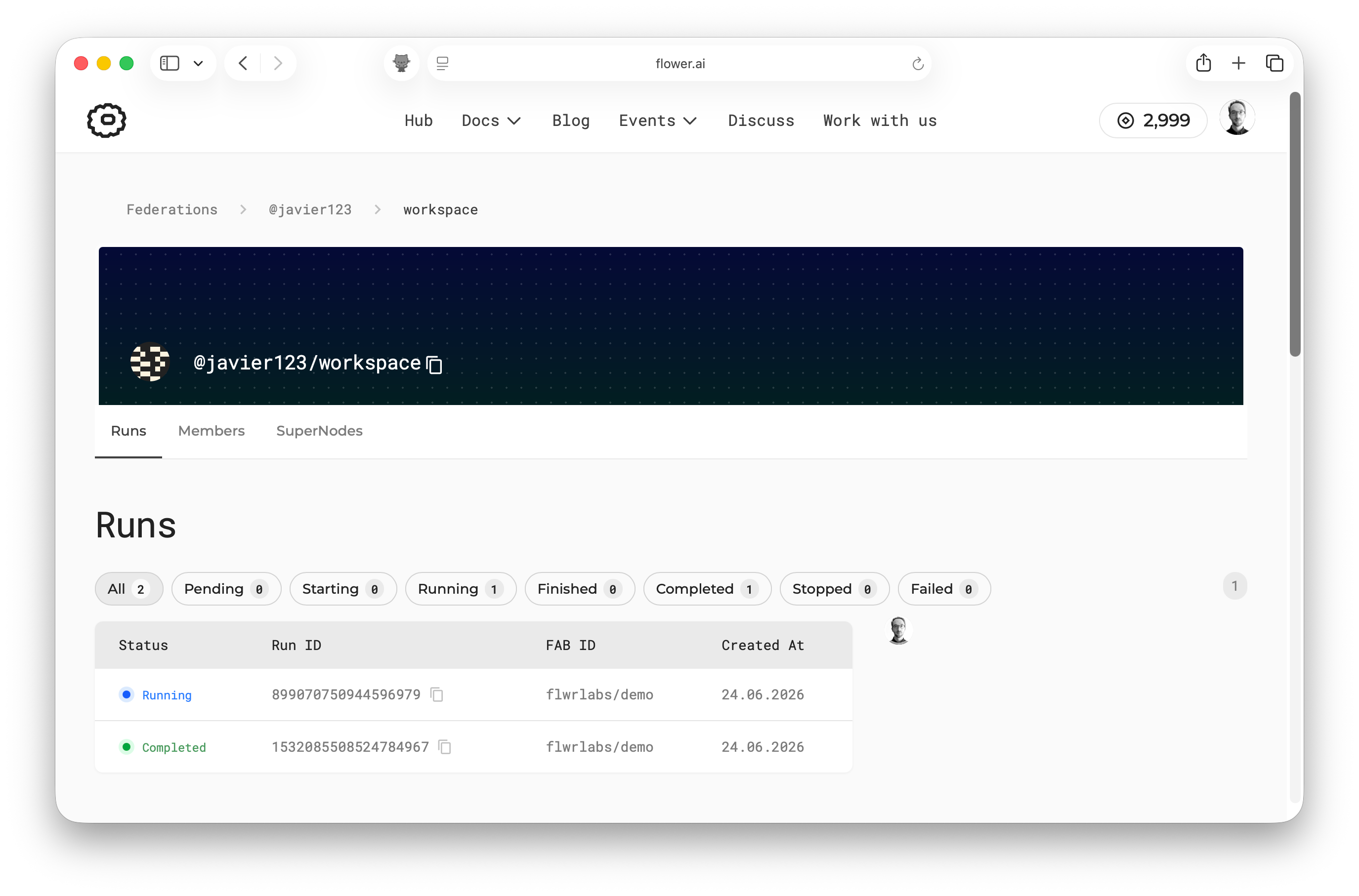 SuperGrid dashboard showing the newly started run in the federation