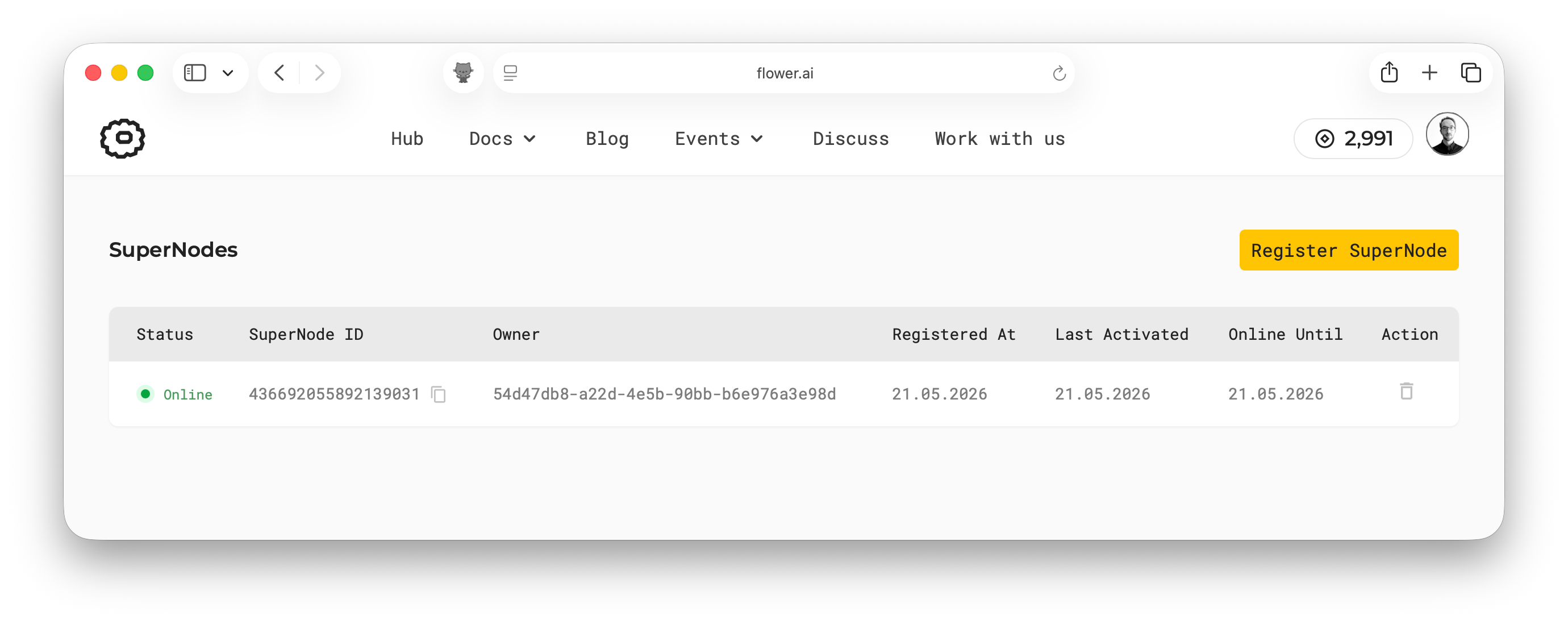 SuperNodes page showing an online SuperNode