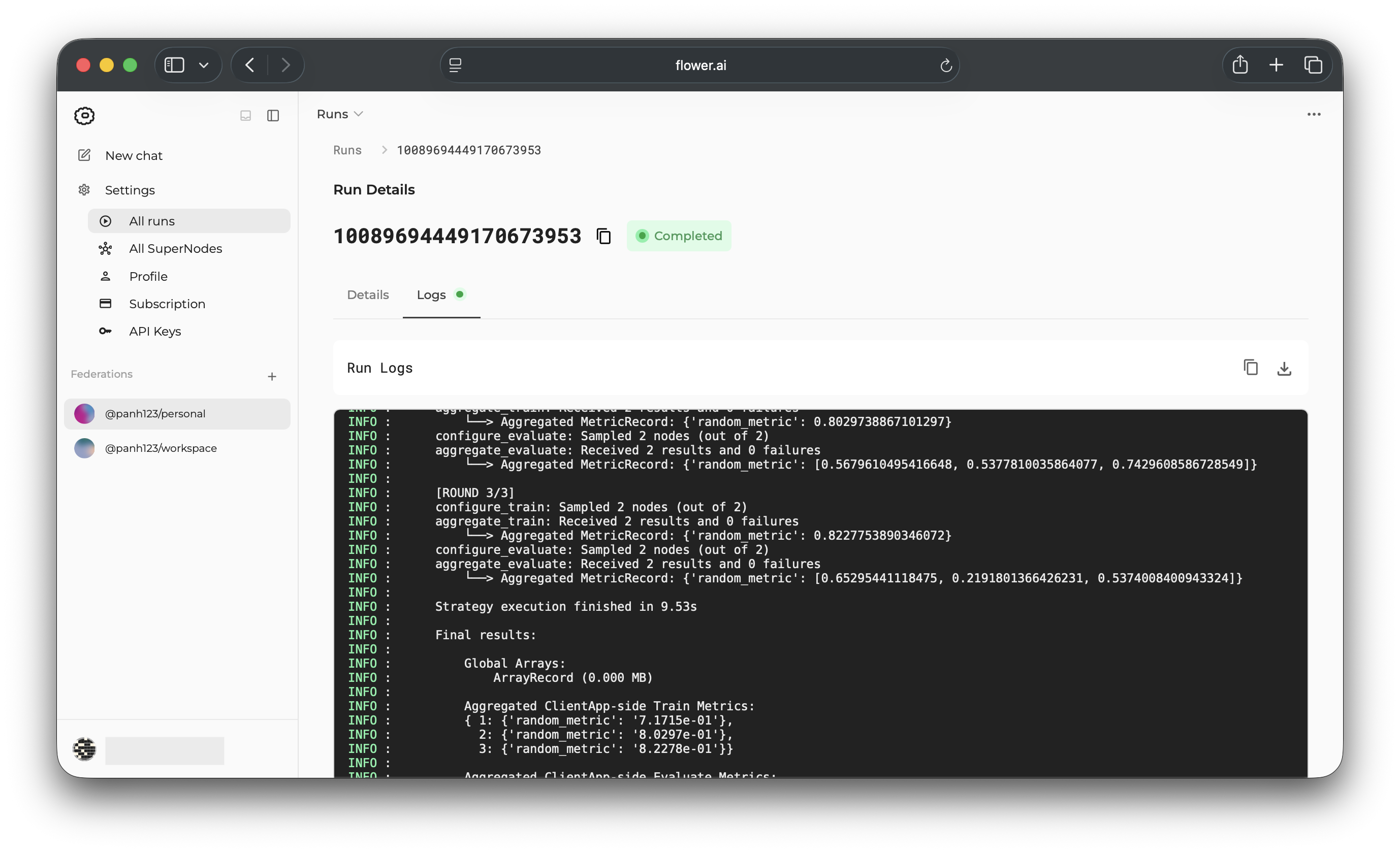 Logs tab showing logs from the app execution