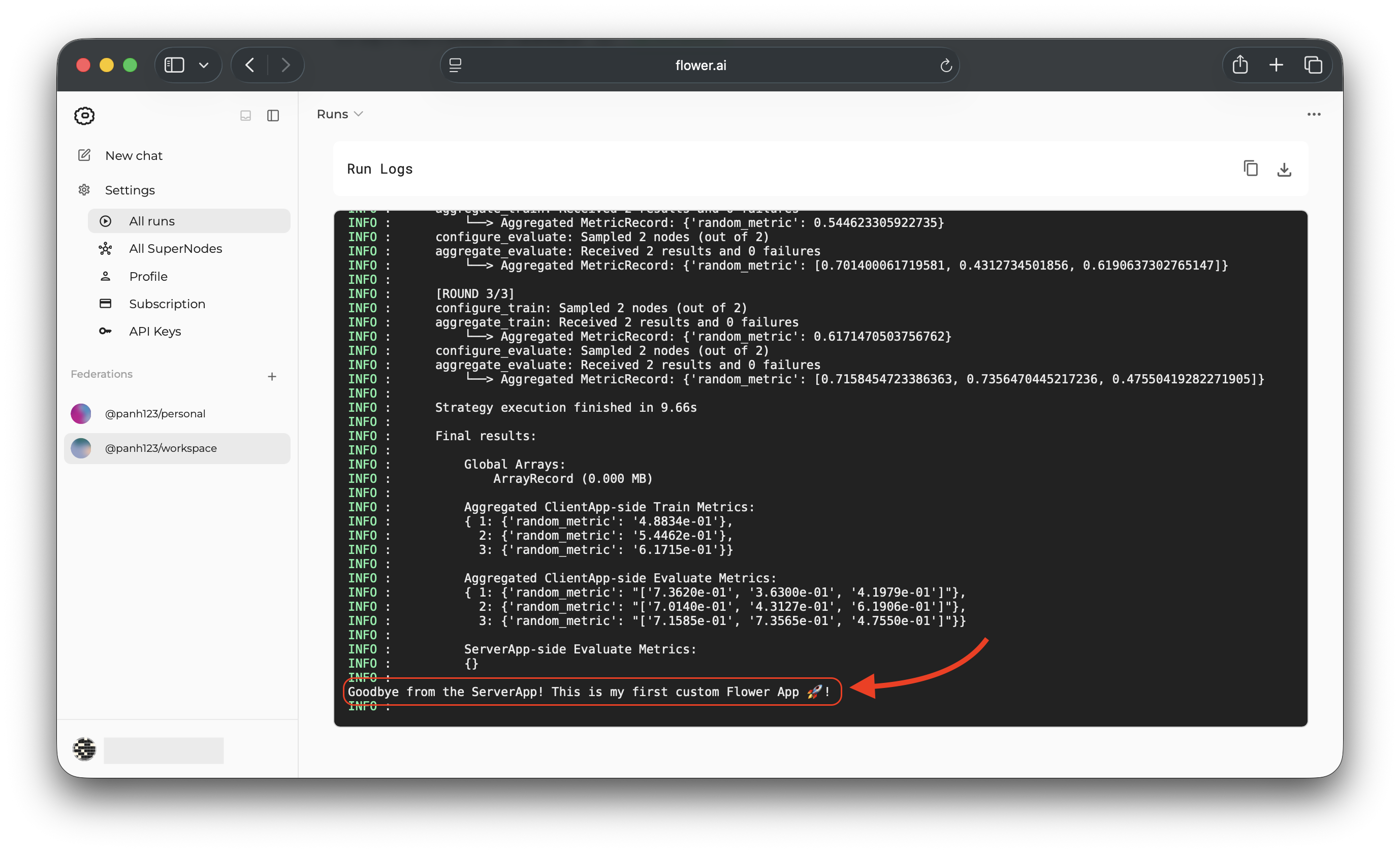 Run logs highlighting the custom ServerApp goodbye message