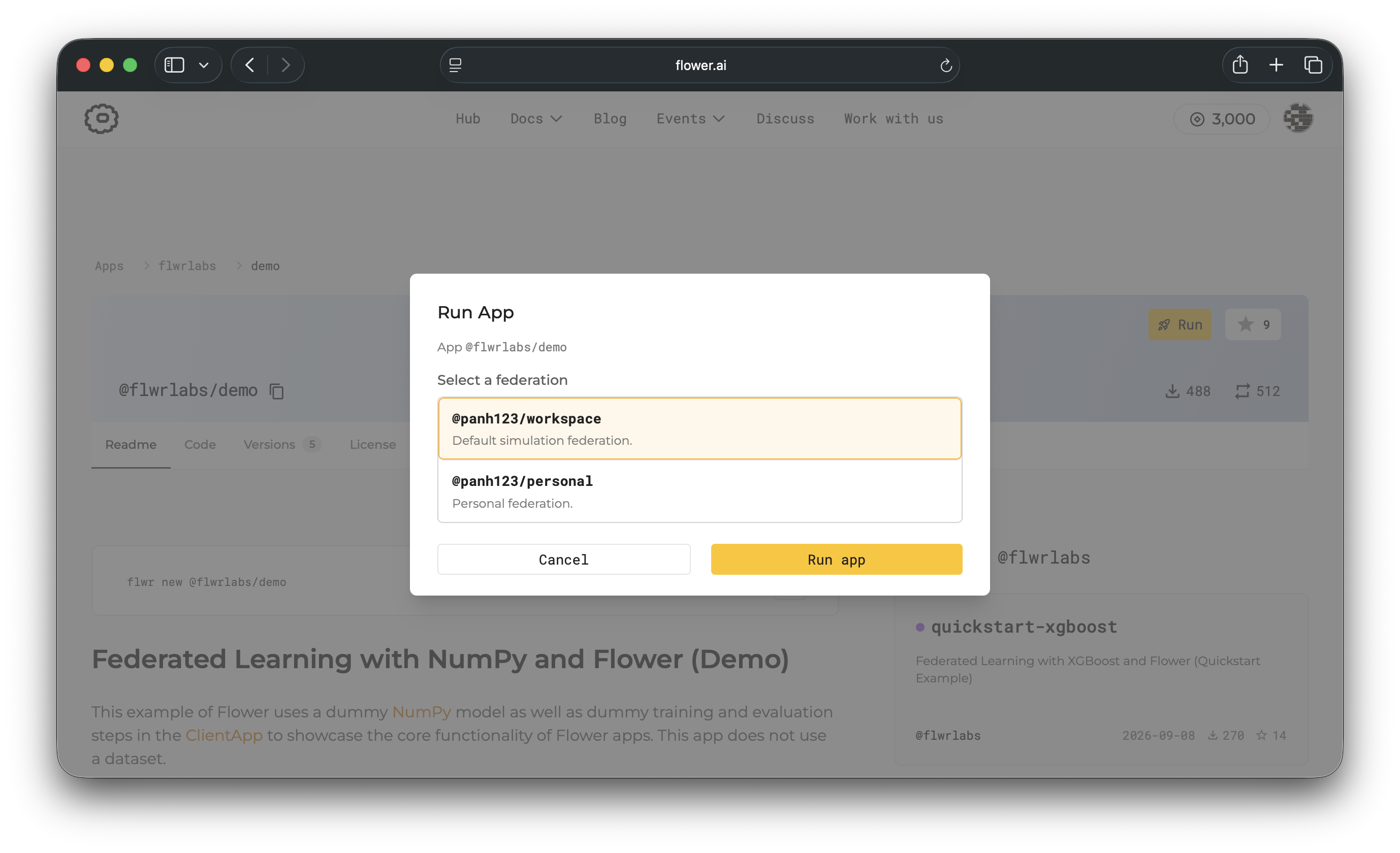 Run app dialog in SuperGrid