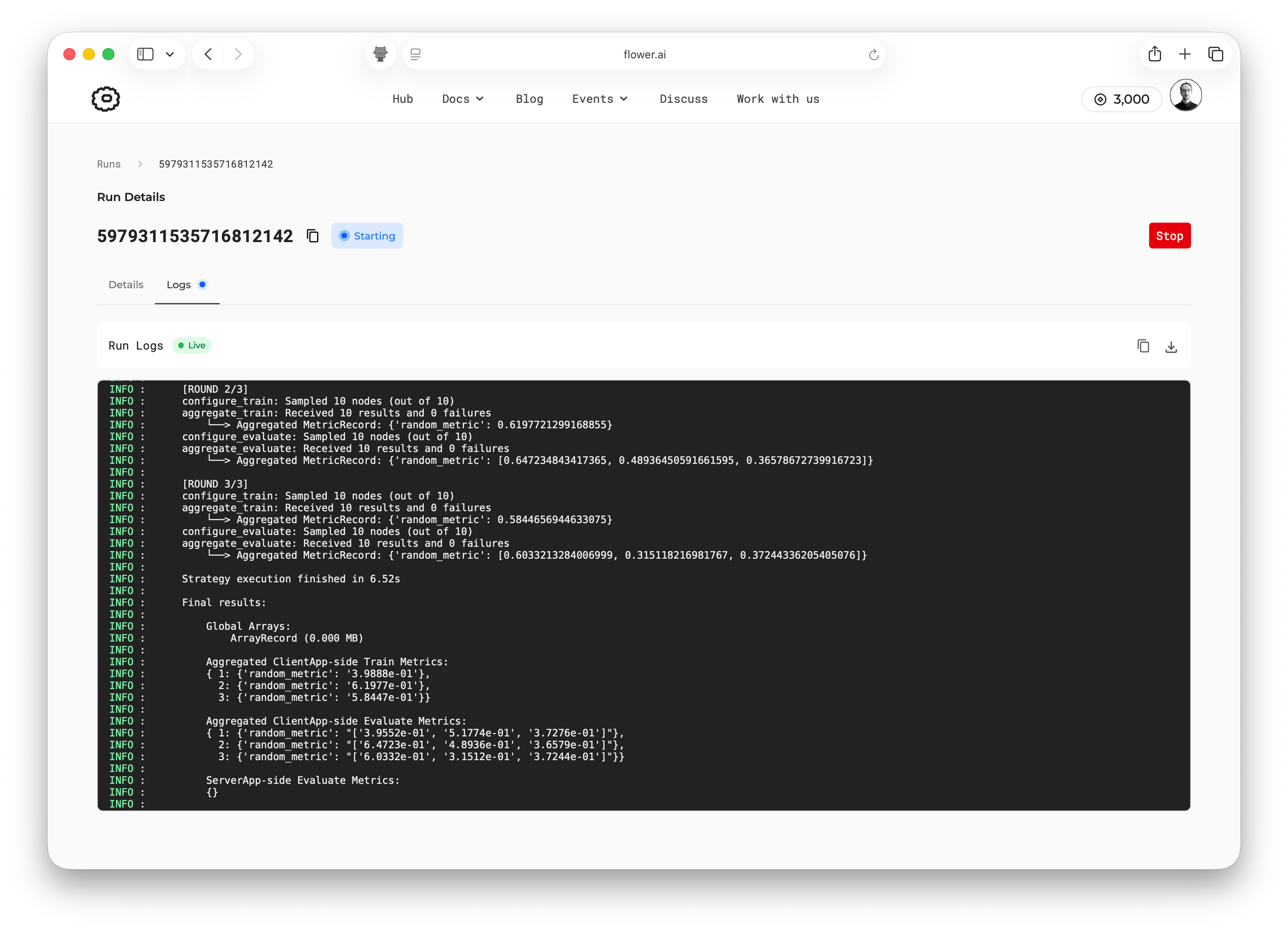Logs tab showing logs from the app execution
