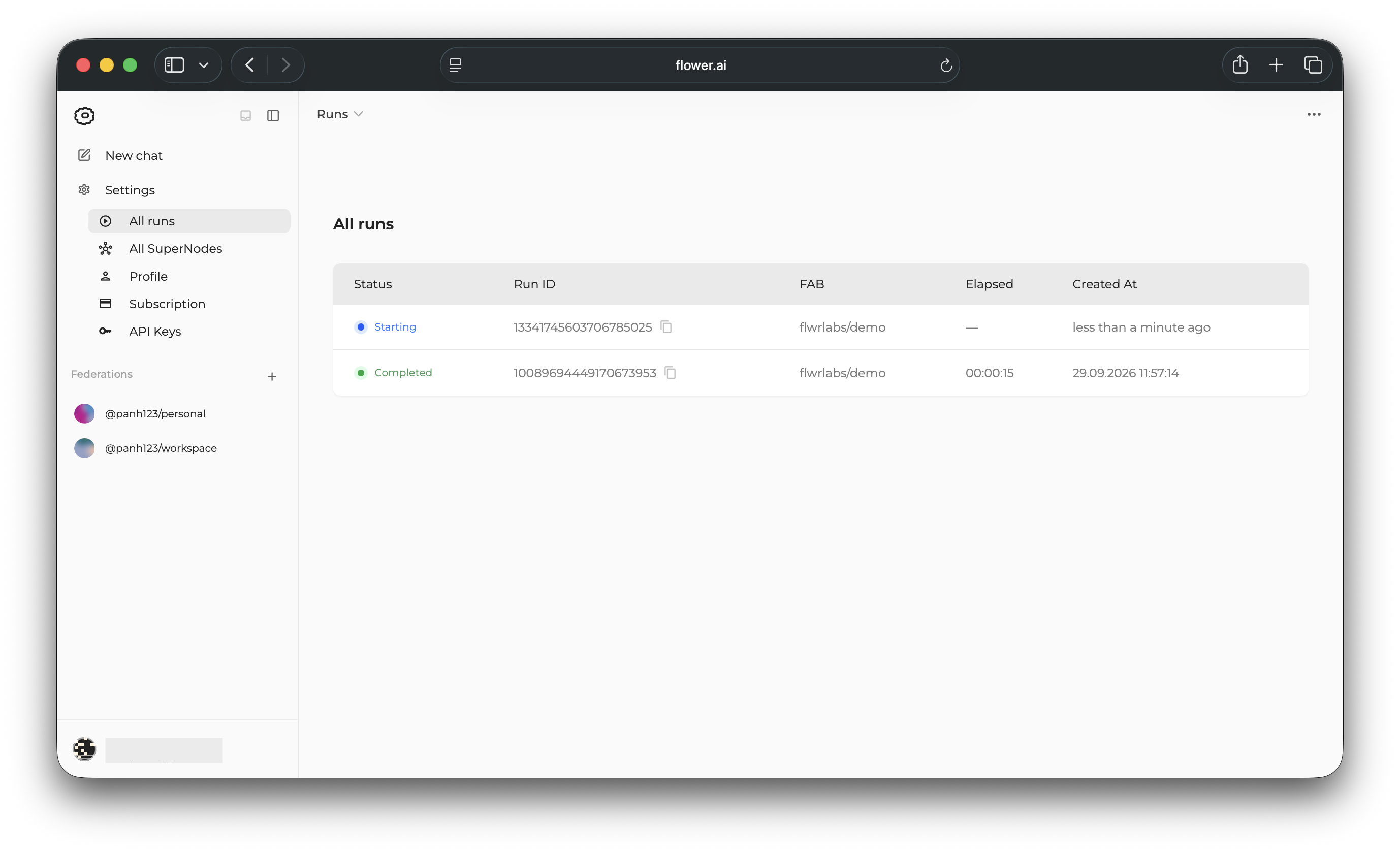 All runs page showing the newly started run