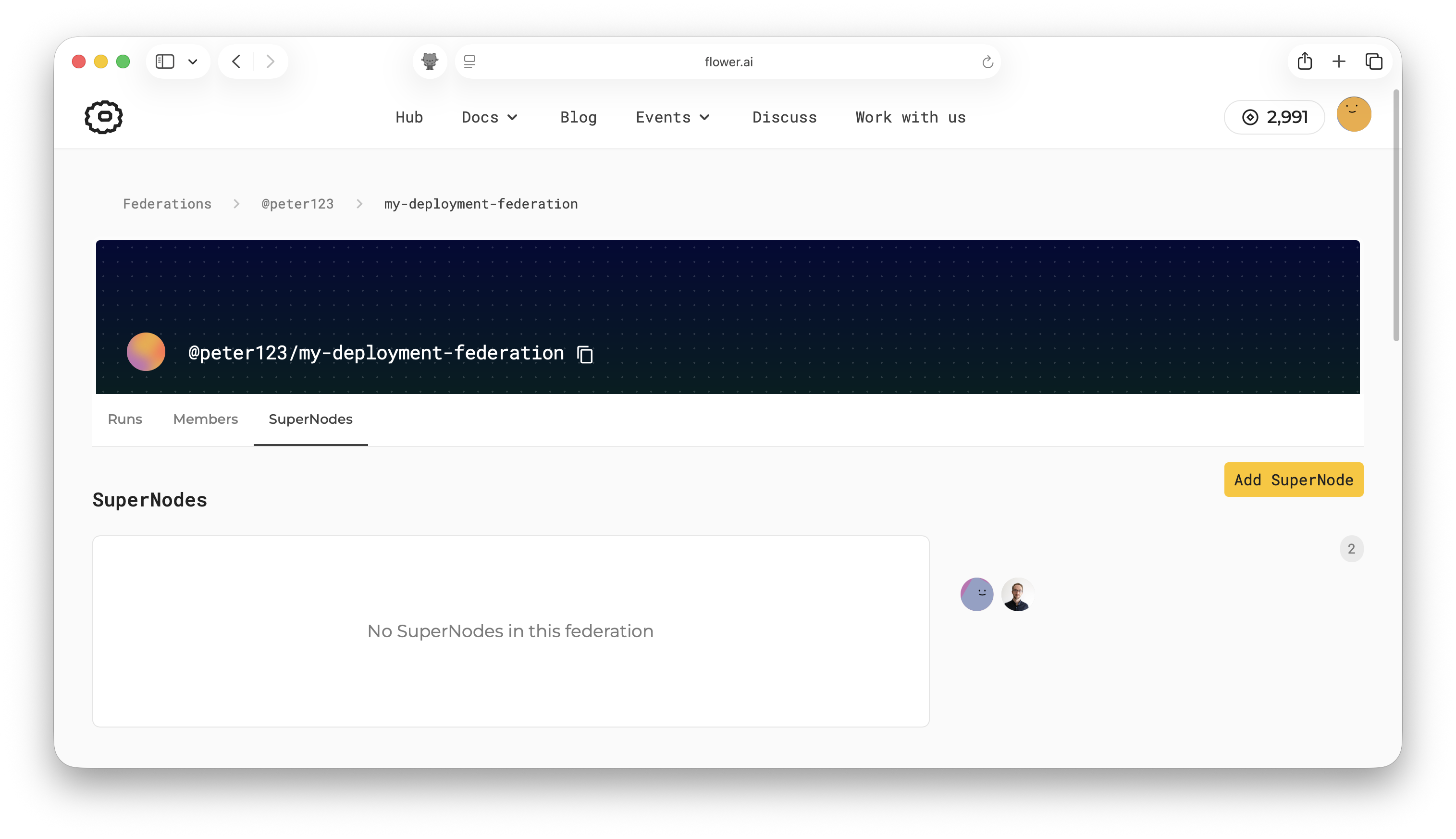 Deployment federation SuperNodes tab before adding a SuperNode