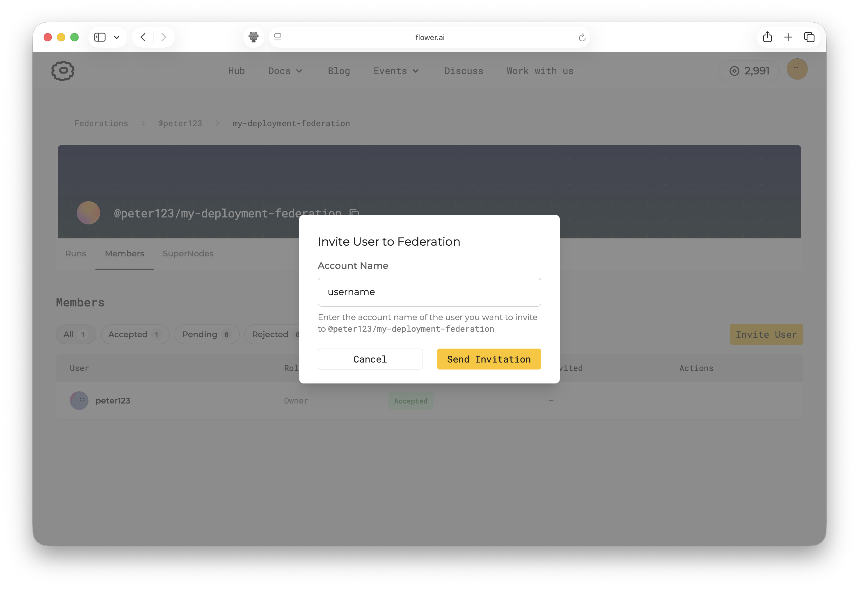 Invite user dialog in SuperGrid