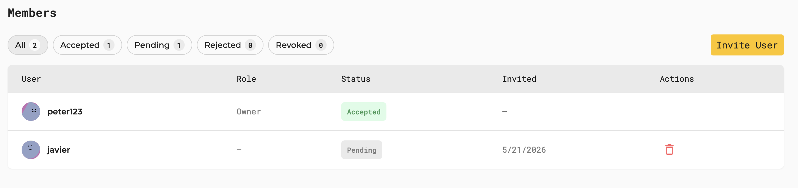 Pending invitation in the federation members list