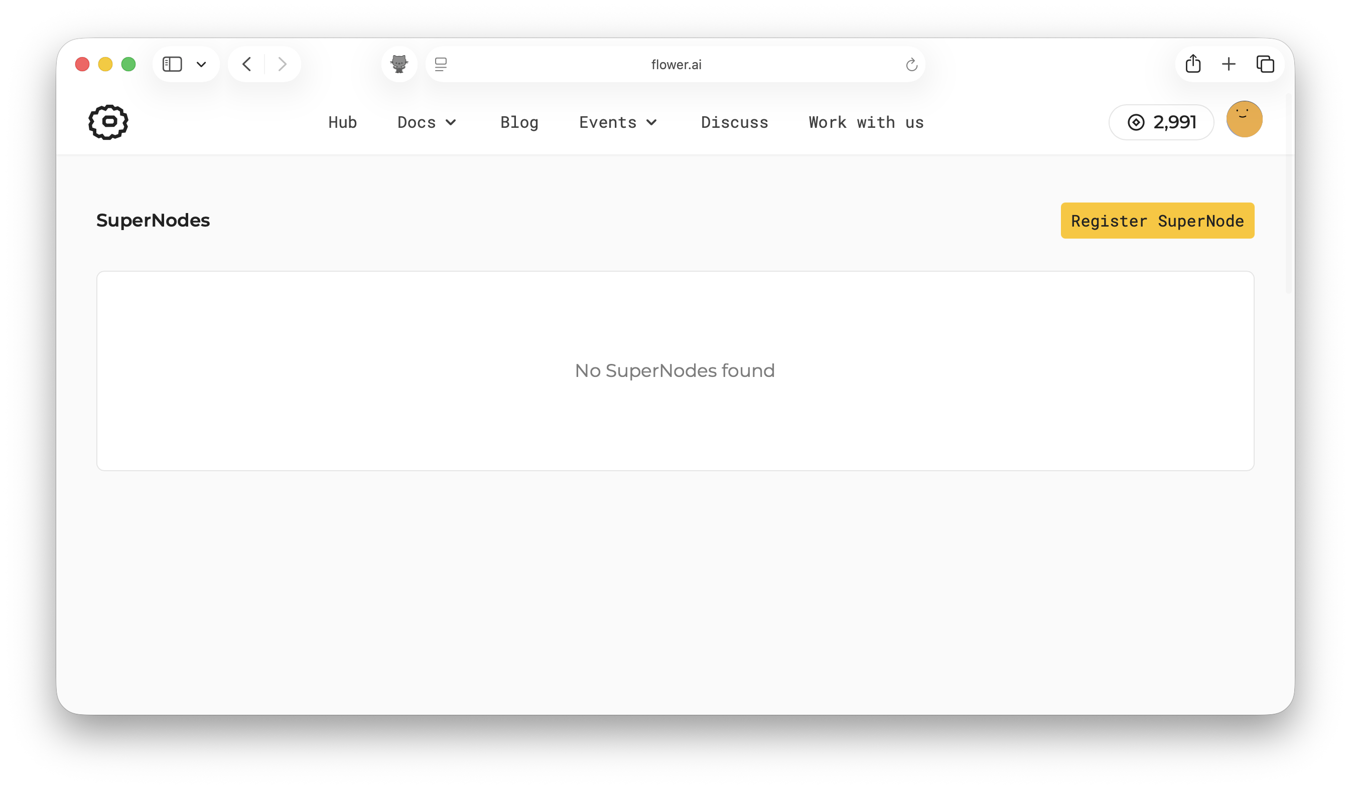 SuperNodes page before registering a SuperNode