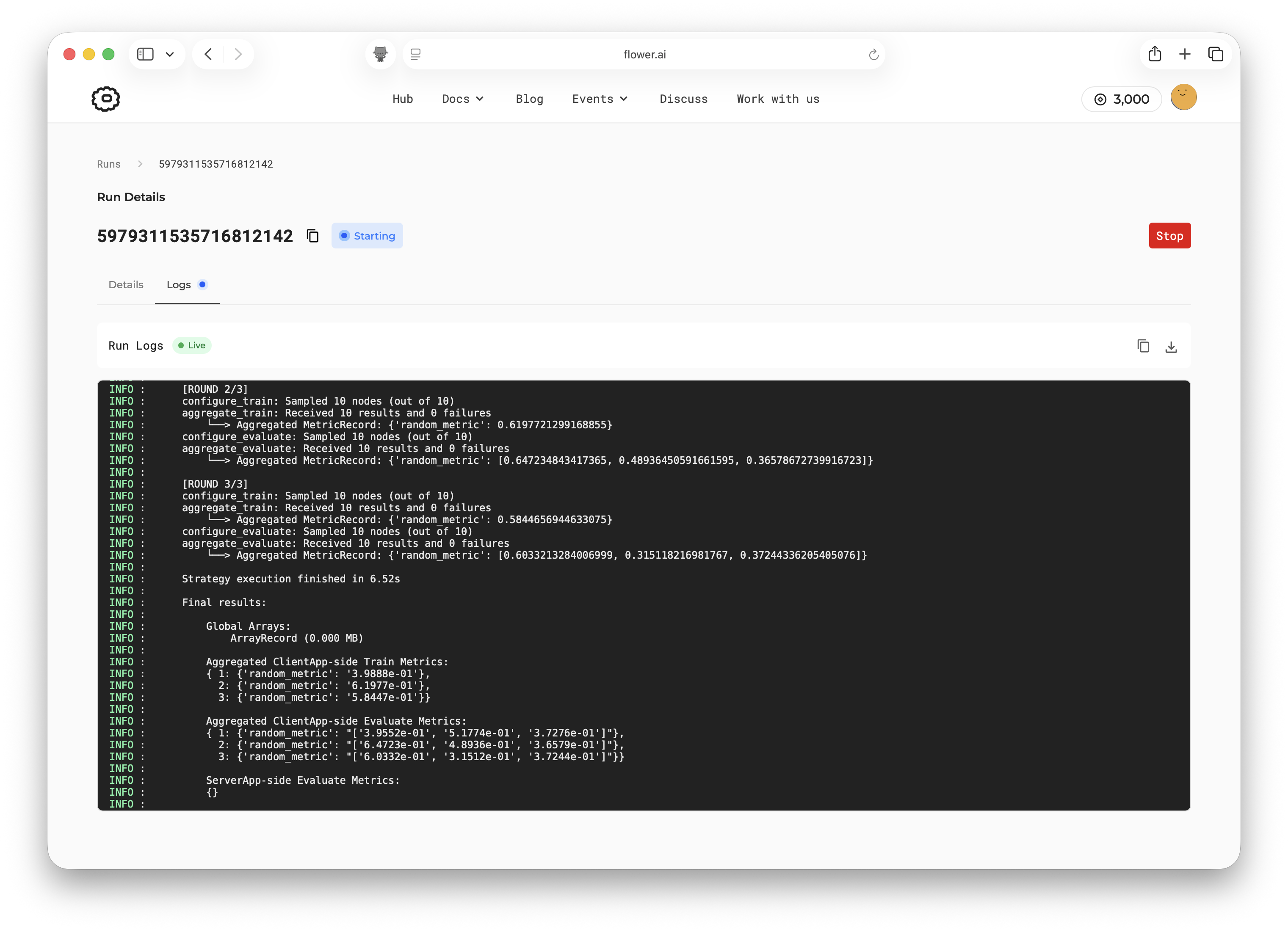 Logs tab showing logs from the app execution