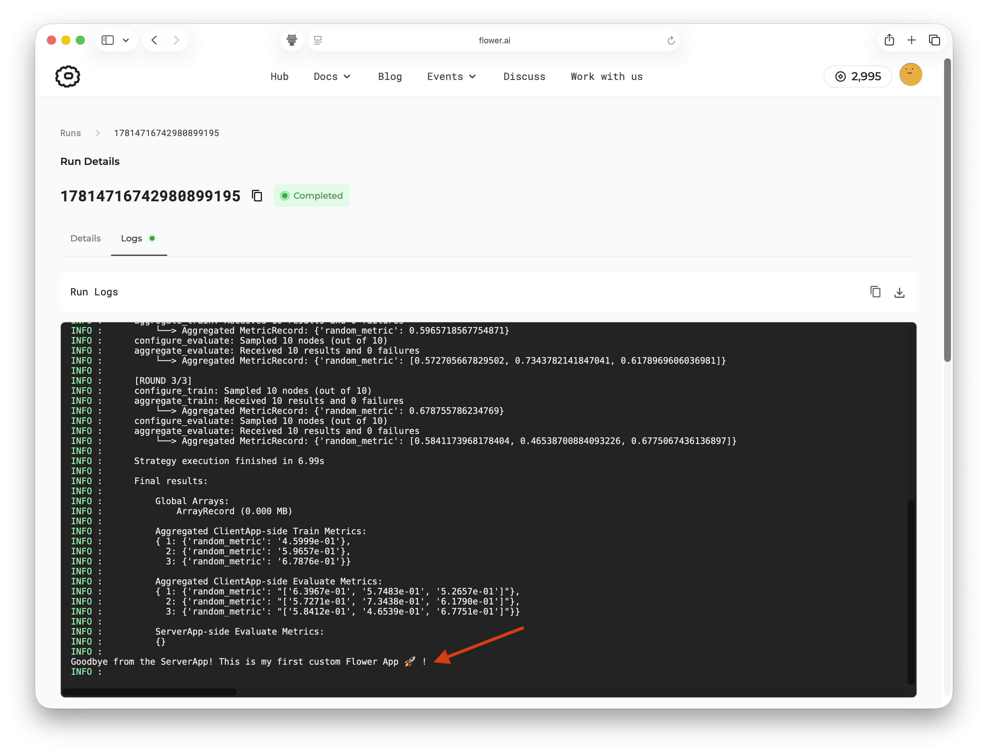 SuperGrid run logs showing the custom ServerApp print statements