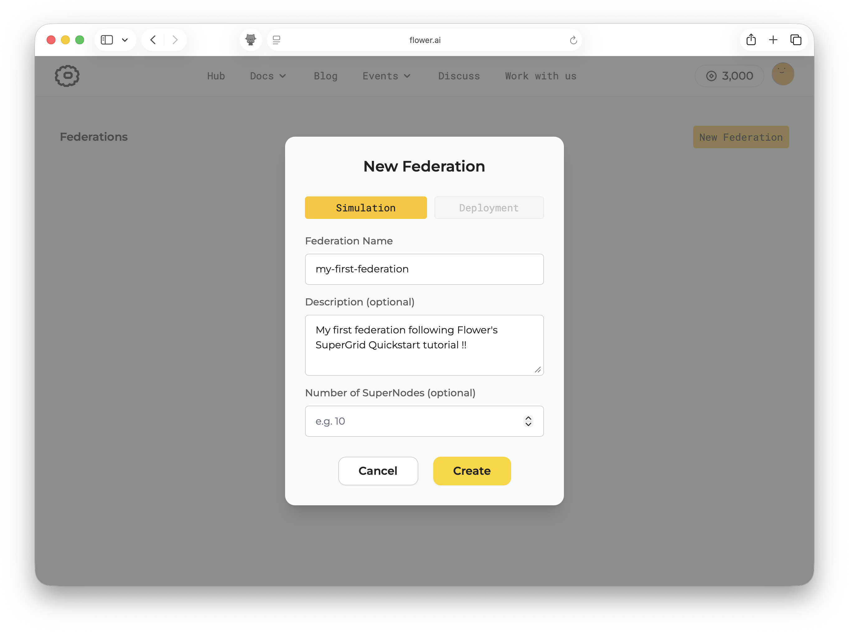 Create federation dialog in SuperGrid