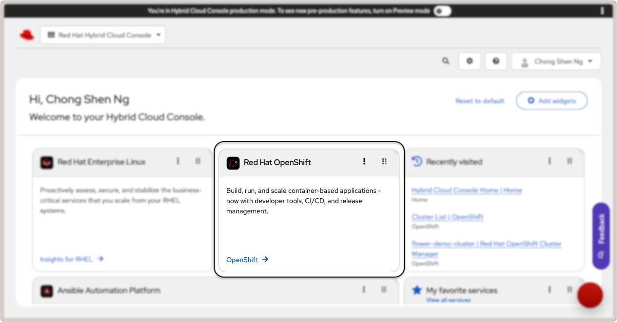 Red Hat OpenShift link in Red Hat Hybrid Cloud Console