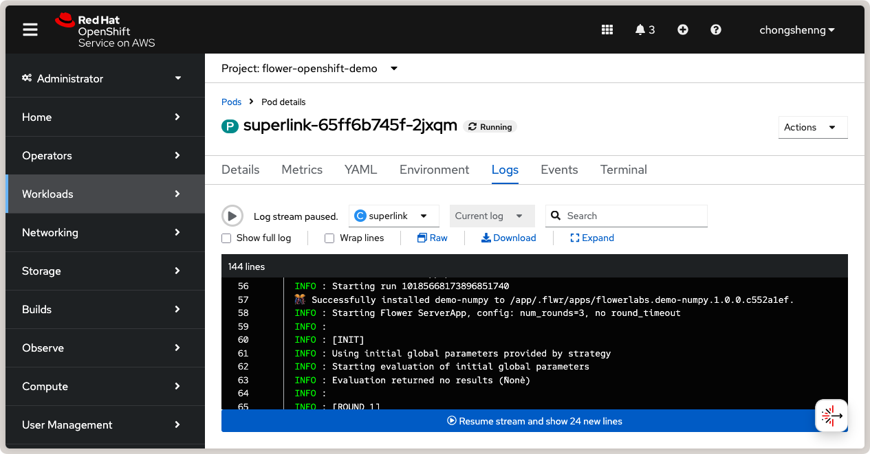SuperLink logs showing connected SuperNodes and running Flower app