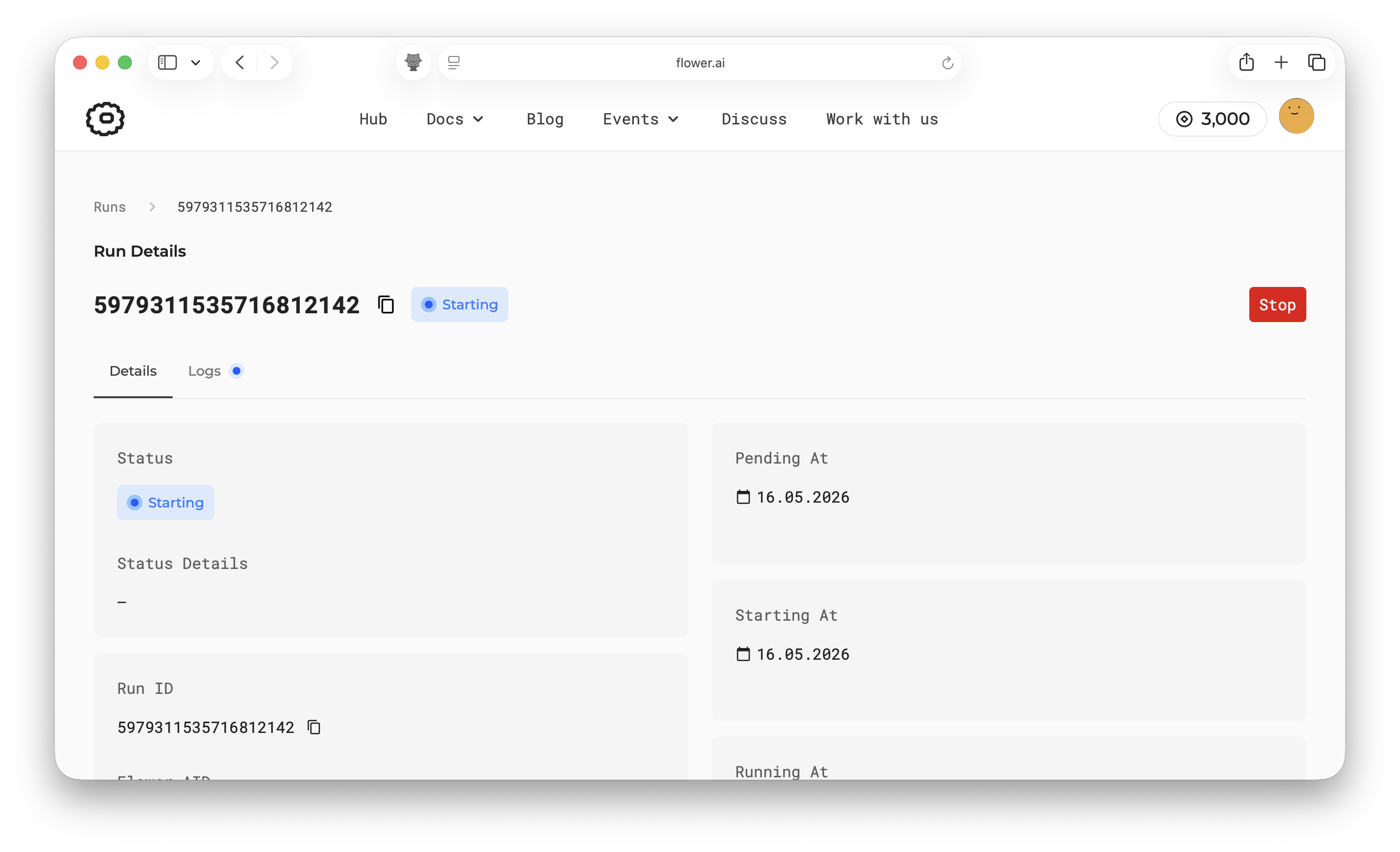 Run details page showing the progress of the app execution
