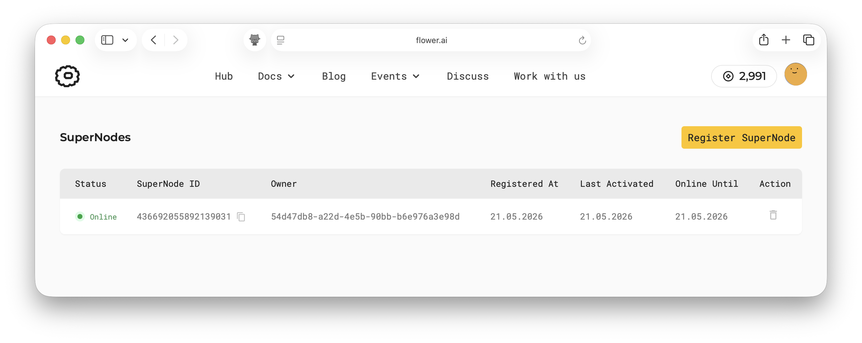 SuperNodes page showing an online SuperNode